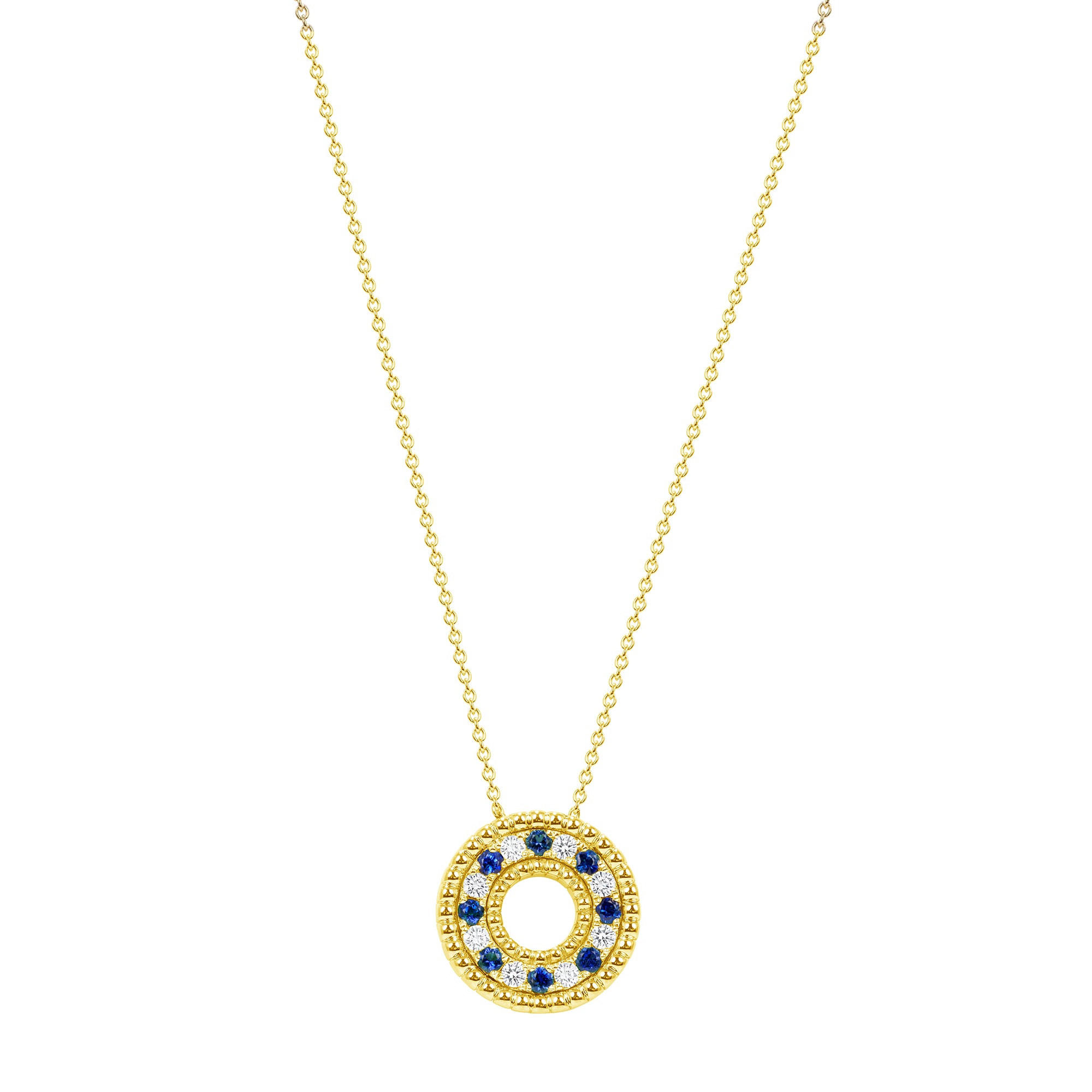 Alternating Round Brilliant Diamond and Sapphire Circle Pendant in 18K Yellow Gold