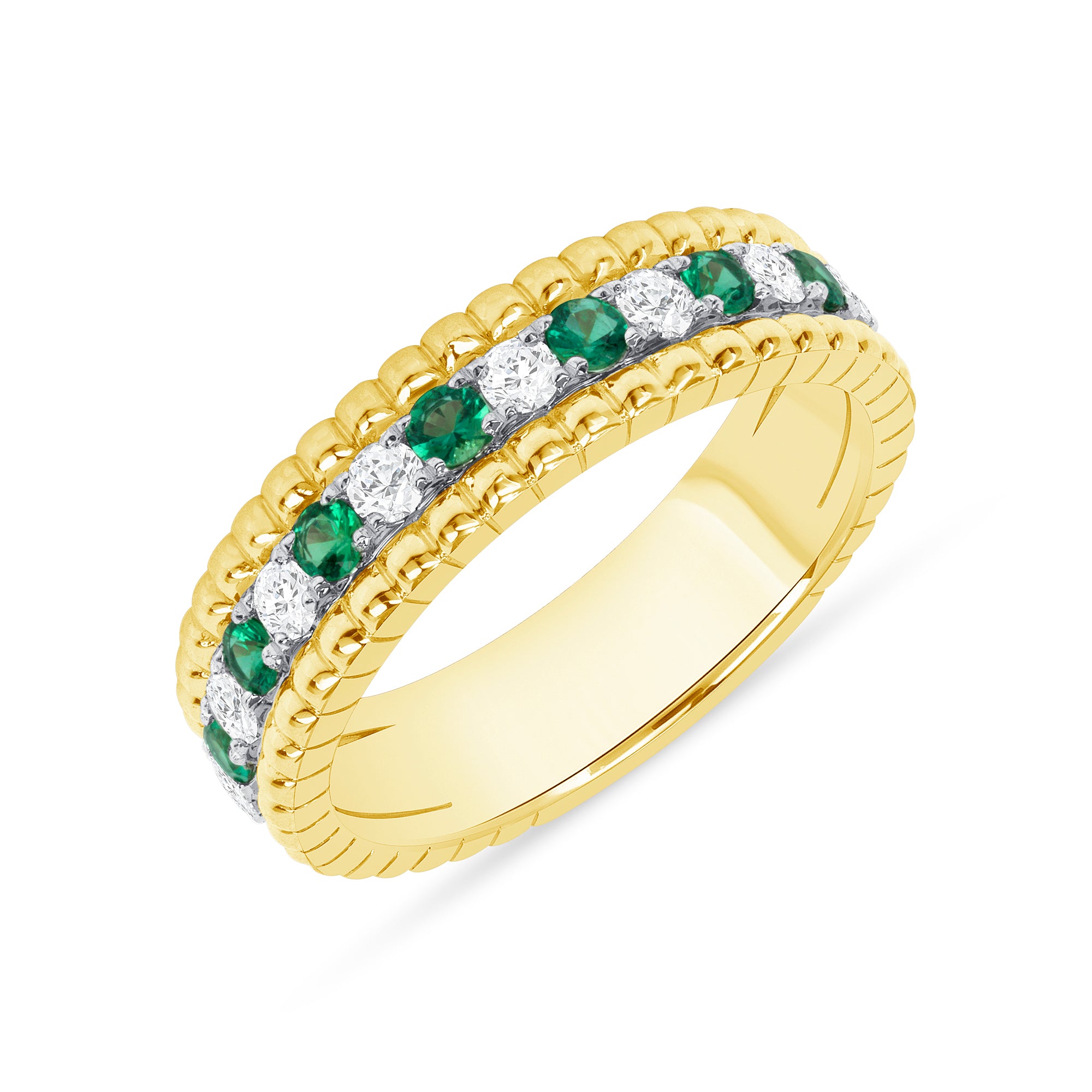 Alternating Round Brilliant Diamond and Emerald Band in 18K Yellow Gold