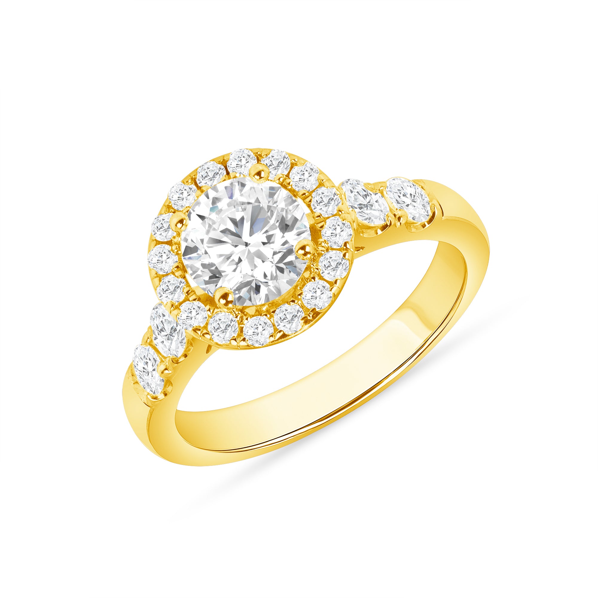 Round Cut Diamond Ring with Diamond Halo & Accents in Yellow Gold